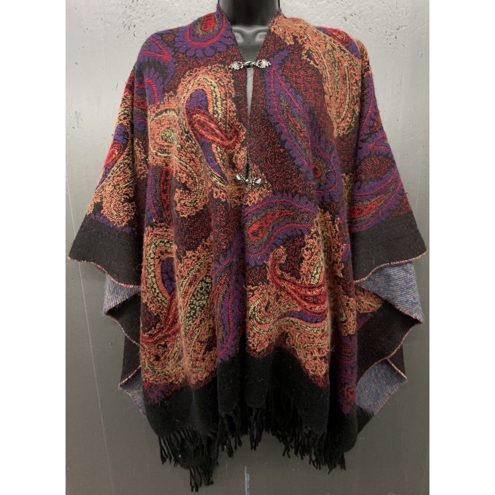 Womens Cape Black Multicolor Paisley‎ Silver Buckles Artsy Boho Wrap Sweater